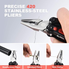 BIBURY Multitool, 14 in 1 Multitools Pliers with Can Opener, Scissors, Light, Pocket Size EDC Multi Tool with Nylon Pouch for Fishing, Outdoor Activities, Home Improvement, Camping - Red