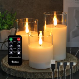 LEDHOLYT Rechargeable Flameless Glass Pillar Candles – Remote & Timer – Set of 3 Realistic Flickering LED Light, USB-Rechargeable, Ideal for Living Room, Bedroom & Holiday Décor& Gifts for Women