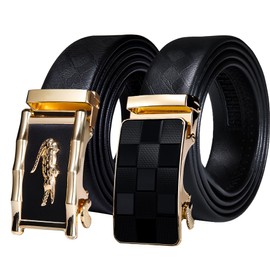 Barry.Wang Men's Leather Belt Black Ratchet Belt with 3 Automatic Buckles Adjustable Strap Business Gift Box, Golden Black Crocodile
