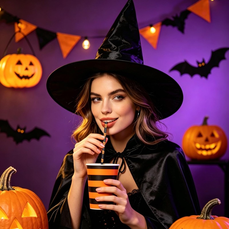 Halloween Party Paper Straws Black and Orange Purple Pumpkins Bats