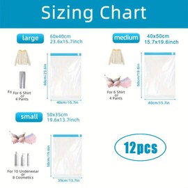 Bolsas Vacio Ropa Enrollada a Mano, 12 bolsas de Almacenamiento al vacio, Bolsas al Vacio Ropa Ahorra Espacio, Bolsa Vacio Ropa Resistente Reutilizable Impermeable, 3 Tamaños