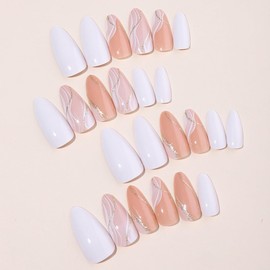 Almond Press on Nails White Fake Nails Glitter Gold Line Design Glue on Nails Medium False Nails Full Cover Nude Acrylic Nails Glossy Stick on Nails Elegant Artificial Nails for Women Manicure 24Pcs