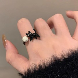 Andiyace Cute Cat Ring Cat Knuckle Ring Black Finger Ring Pet Stacking Ring Adjustable Open Ring Jewelry for Women (Cat ball)