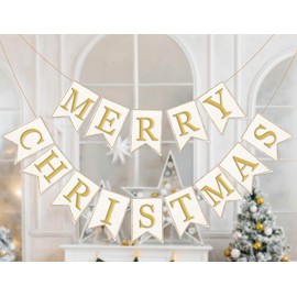Whaline 2Pcs Christmas Burlap Banner Felt Merry Christmas Banner Gold White Pre-Assembled Xmas Bunting Garland for Home Party Hanging Decoration Supplies