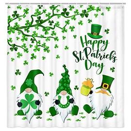 Happy St. Patrick's Day Spring Shower Curtain, Green Lucky Shamrock and Cute Gnome Shower Curtain Bathroom Decor, Polyester Fabric Bath Curtain Sets with 12 Hooks 72"x72" (60X70)