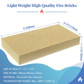 Fire Bricks, Woodstove Firebricks, Size 9″ x 4-1/2″ x 1-1/4″, 6 Pieces, Light Weight Firebricks Replacement for Wood Stoves and Fireplaces