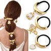 3PCS Gold Hair Ties, Metal Hair Ties for Thick Hair, Gold Ponytail Cuff Elegant Durable Geometric Design, Hair Accessories for Women, Stretchy & Non Damage Ponytail Holders with Pendant Holiday Gifts