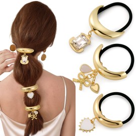 3PCS Gold Hair Ties, Metal Hair Ties for Thick Hair, Gold Ponytail Cuff Elegant Durable Geometric Design, Hair Accessories for Women, Stretchy & Non Damage Ponytail Holders with Pendant Holiday Gifts