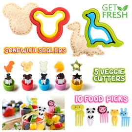 GET FRESH Sandwich Cutters and Sealers for Children – 17-pcs Stainless Steel Sandwich Sealers and Veggie Cutters for Kids – Dino Mouse Metal Bread Decrusters 5 Vegetable Shapes 10 Animal Food Picks