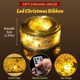 JEAYYDSI Christmas Tree Decorations 33FT 100 LED 8 Modes IP44 Waterproof Christmas Ribbon String Lights with Timer Led Christmas Ribbon for Holiday Party Xmas Tree Decor(Warm White)