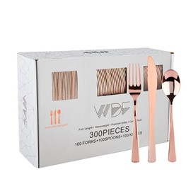 WDF 300 Pieces Rose Gold Plastic Silverware- Disposable Flatware Set - Heavy Duty Plastic Cutlery Includes 100 Forks, 100 Spoons, 100 Knives Perfect for Wedding, Party
