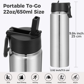 Neihepal 22 oz Insulated Water Bottles Bulk, Double Walled Vacuum Stainless Steel Water Bottle Multipack with Leak Proof Straw Lid for Men, Adults, Kids, Gym, Sports (Silver,4 Pack)