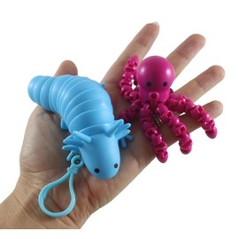 Set of 2 Articulated Fidgets - Octopus and Axolotl - Wiggle Articulated Jointed Moving Fidget Toy - Unique Sensory Toy (Random Colors)