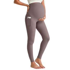 G4Free Maternity Leggings for Women Workout Over The Bump Pregnancy Yoga Pants with Pockets Soft Activewear(Taupe,M,29")