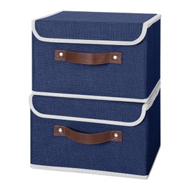 ANMINY 2PCS Storage Bins with Lid PU Leather Handles Storage Boxes PP Plastic Board Decorative Foldable Lidded Cotton Linen Fabric Home Cubes Baskets Closet Organizer Containers - Blue, Small Size