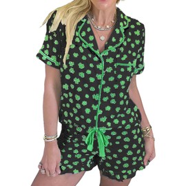 KevaMolly Womens St Patricks Day Lounge Sets Shamrock Print Pocketed Knotted PJ Set Short Sleeve Xmas Top and Shorts Black Clover M