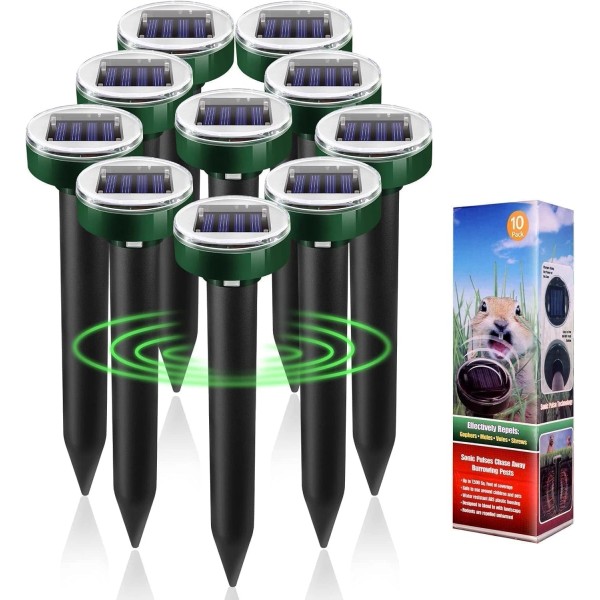 BRANDED 10 PK Mole Upgrade Solar Repellent Stakes for Lawns