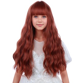 WAVELNM Kids Ginger Wig with Bangs Dark Orange Child Wig Girls Long Wavy Curly Copper Wigs for Kids Synthetic Wigs for Daily Party Cosplay Use