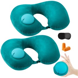 KLERICER 2PCS Inflatable Travel Pillow, Adjustable Inflatable Neck Pillow, Portable Inflatable Pillow U-Shaped with Eye Mask,Earplug and Carry Bag, for Airplanes,Traveling,Lumbar Support (Mint Green)