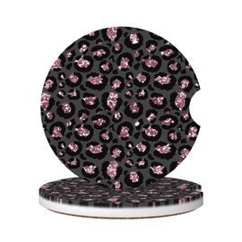 Absorbent Car Coasters for Cup Holders, 2 Pack Universal Anti Slip Ceramic Cup Coaster for Women Men 2.56 Inch Car Interior Accessories - Black Pink Leopard 005