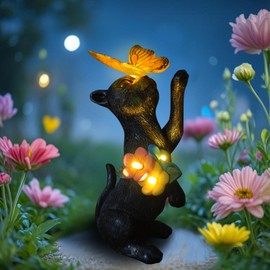 Cat Solar Garden Decoration Statue - Welcome Black Cat with Butterfly with Solar Lantern Resin Statue, Patio, Balcony, Garden, Lawn, Outdoor, Doll Decoration, Housewarming Gifts