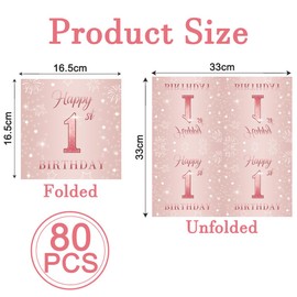 80 Stück Servietten 1. Geburtstag Mädchen - 2-Lagig Rosa Geburtstags Servietten mit Milestone 1 Design - Für Baby-Party, Tischdekoration, Taufe & Jubiläumsfeiern (33x33cm)