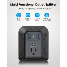 TROND 2 Prong Power Strip USB, 2 to 3 Prong Outlet Adapter, 5 Outlet Splitter with 3 USB Ports(1 USB-C), 1440J Surge Protector with ON/Off, Polarized Plug, for Non-Grounded Outlet Old House, Black