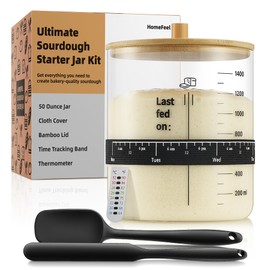 HomeFeel Premium Sourdough Starter Jar - 50 oz Large Glass Jar with Bamboo Lid, Cloth Cover, Date Tracker, Thermometer and Scraper, Stylish Design and Wide Mouth Starter Kit