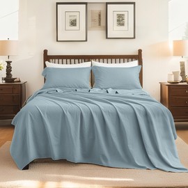 FALUCA Belgian Linen Cotton Sheet Set 4-Piece (1 Flat Sheet, 1 Fitted Sheet & 2 Pillowcases) - Soft, Breathable & Cozy Farmhouse Bedding for Hot Sleepers, Natural Flax Blend - Queen Size, Dusty Blue