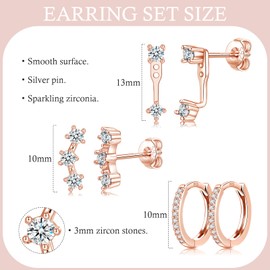 Sterling Silver Rose Gold Stud Hoop Earrings Set for Women Girls, 3 Pairs Hypoallergenic Small Cubic Zirconia Stud Hoop Earrings Stacks Cartilage Minimalist Earring Set for Multiple Piercing