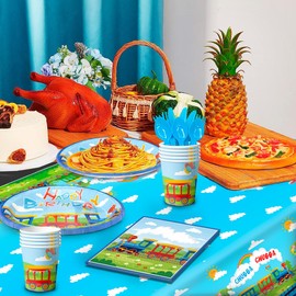 Train Birthday Party Supplies,128pcs Train Party Decorations Tableware Set Train Plates and Cups Napkins Train Birthday Banner Tablecloth etc Train Tableware for Kids