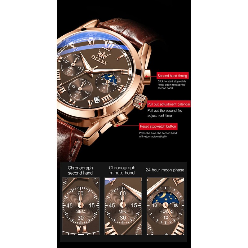 OLEVS Men Watch Leather Strap Moon Phase Casual Classic Analog
