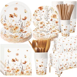 Funnymoom 452 Pcs Fall Floral Party Decorations Include Orange Wildflower Paper Plates Napkins Cups Tablecloth Cutlery Straws for Autumn Birthday Wedding Baby Shower Party Supplies
