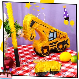 Colarr Construction Truck Piñata Excavator Piñata Bundle with Stick Blindfold Confetti Construction Piñata Large Birthday Piñata for Kids Construction Birthday Party Game Decor(Crane)