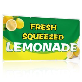 HunnmingRe 2 x 4 ft Lemonade Sign Vinyl Banner Fresh Squeezed Lemonade Stand Supplies Lemon Flag for Indoor Outdoor Business Restaurant Advertising Banner
