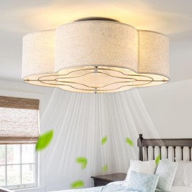 Gryalcy 20" Boho Ceiling Fan with Light, Rattan Caged Flush Mount Ceiling Fan with Light Remote Control, Enclosed with 6 Speeds for Bedroom, Living Room, Foyer, Nursery (Beige)