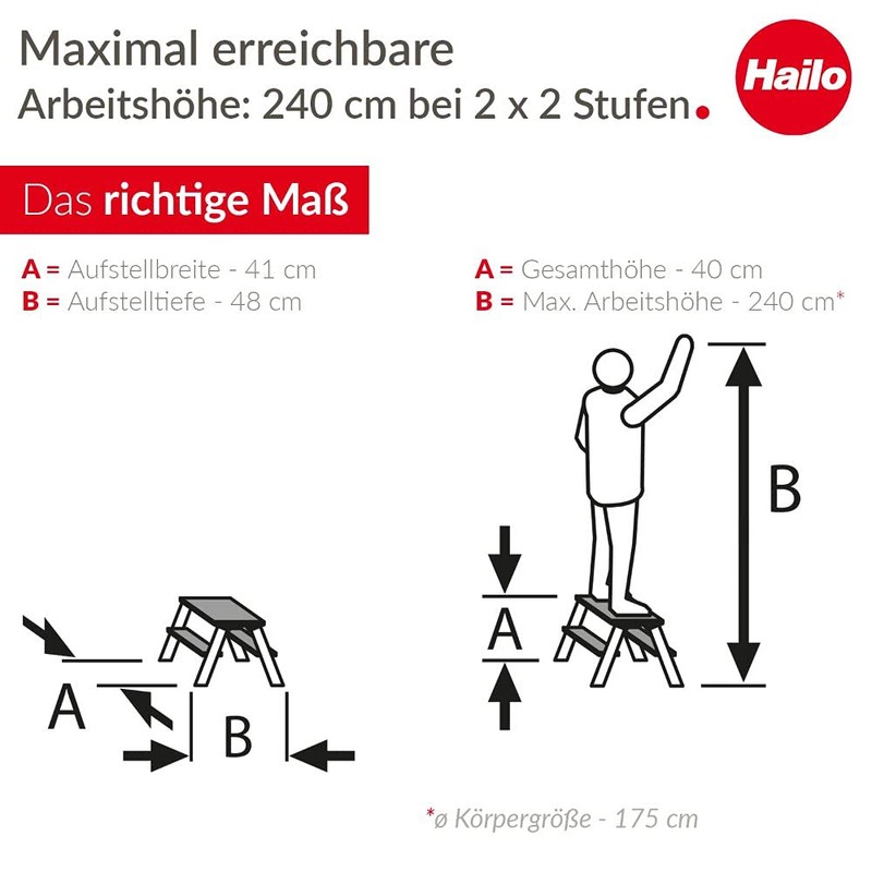 Hailo 4442-701 D60 Standardline, Aluminum, 2-Step Stool/Step Ladder