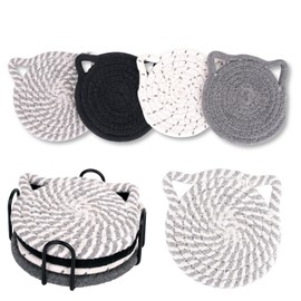 Cute Cat Coasters Ears Set of 4, Cute Braided Coasters for Drinks 4.3 Inch Large Size Cat Decor Coffee Desk Accessories Non-Slip Cotton Handmade Absorbent Drink Coaster for Coffee with Holder(Grey)