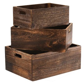 Hyuetrsa Set of 3 Wood Crate Box, Wood Nesting Storage Crates with Handle, Rustic Decorative Farmhouse Wooden Crates, Handmade Natural Solid Wooden Box for Closet Shelf and Kitchen Storage