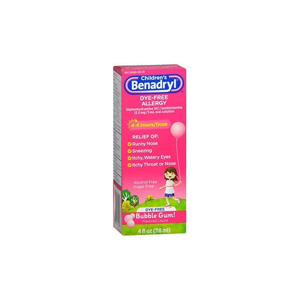 Benadryl Children's Dye-Free Allergy Liquid Bubble Gum Flavored - 4 oz, Pack of 3