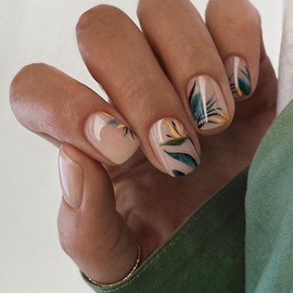 Short False Nails with Natural Plants Designs Square Press on Nails Short Fake Nails Artificial Acrylic Nails Glossy Stick on Nails for Women 24 Pcs 12 Size