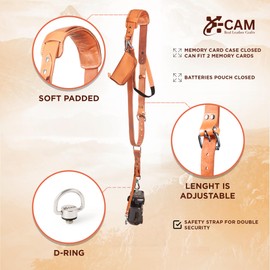 Xicams Single Camera Harness Strap for One Camera, Professional Single Full Grain Leather Camera Harness, Quick Release Gear DSLR Camera Straps for Photographers, Adjustable, Camel Brown