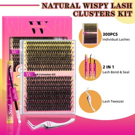 Lash Extension Kit 300PCS Eyelash Clusters 40D 50D DIY Eyelash Extension Kit Individual Lashes Natural Lash Clusters Kit with Lash Bond and Seal, Tweezers(D-Mix10-18mm Kit)