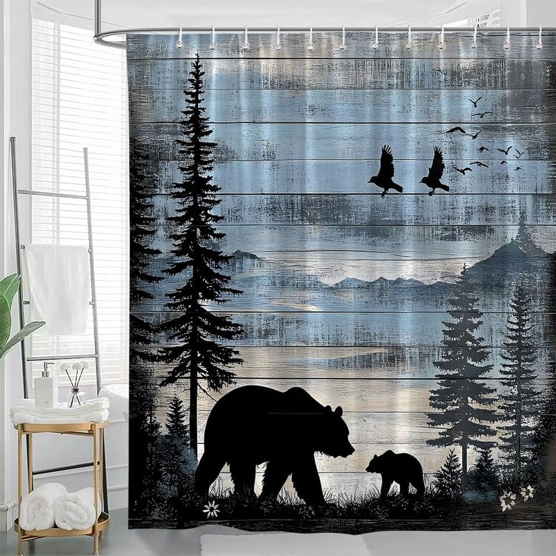Rustic Forest Bear Shower Curtain Cabin Farmhouse Animal 70x70 inch
