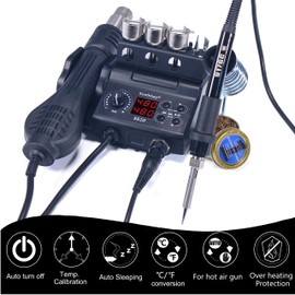 Soldering Iron Station, 2 in 1 Hot Air Gun Rework Station Kit, Soldering Station Kit with 3 Soldering Tips, 3 hot air nozzles, Calibration and Sleep Function