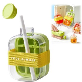 2 In 1 Ice Cube Bottle, Ice Cube Bottle With Straw, Portable Touch Free Ice Cube Trays, Press To Release Ice Tray for Home Ice Making, Outdoor Picnics, Office Use (500ml/17oz)