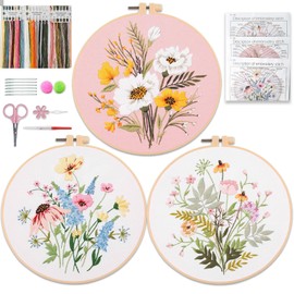Aucuu 3 Flower Pattern Sets, Hand Embroidery Kit, Embroidery Starter Kits, Includes 3 Patterned Embroidery Cloths, Threads, 3 Paper Instructions, 6 Needles,1 Hoop,other accessories and Video tutorials