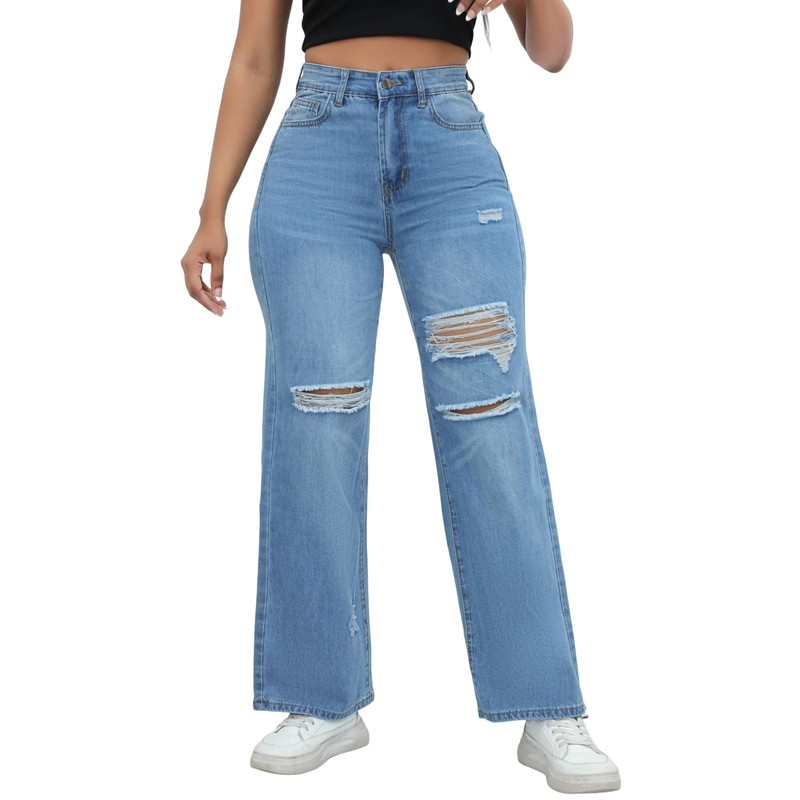 THUNDER STAR Womens High Waisted Wide Leg Jeans Stretchy Distressed