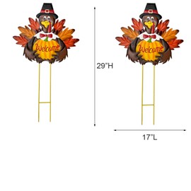 YUMBOR Fall Harvest Thanksgiving Metal Pumpkin Welcome Sign with Turkey Stakes Yard Decorations 28.5''H, Set of 2