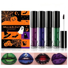 4PCS Halloween Matte Liquid Lipstick Set,Green Blue Black Lip Gloss